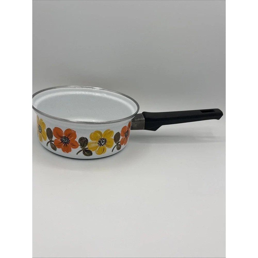 Vtg Austria Email Primavera Enamelware Saucepan Mod 70s Orange Floral Flower Pan